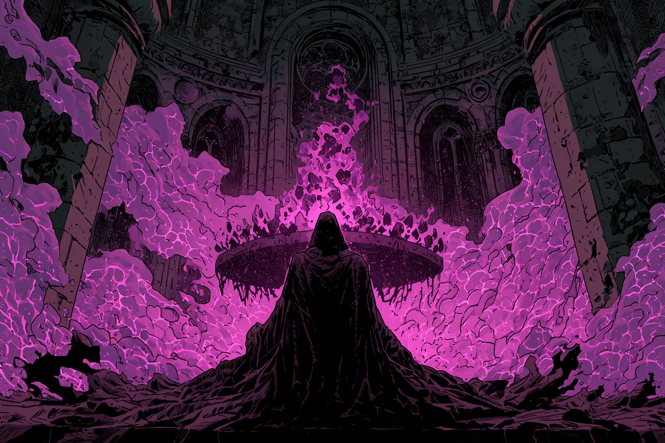 Una figura encapuchada se arrodilla ante un altar del que brota energía violeta